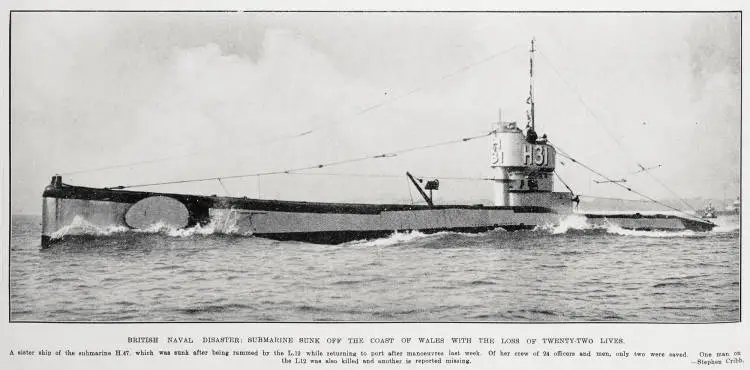 British naval disaster: submarine sunk off the coast of Wales with the loss of twenty-two lives