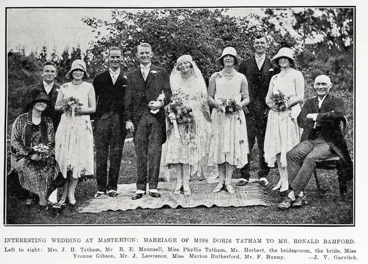 Interesting wedding at Masterton: marriage of Miss Doris Tatham to Mr. Ronald Bamford