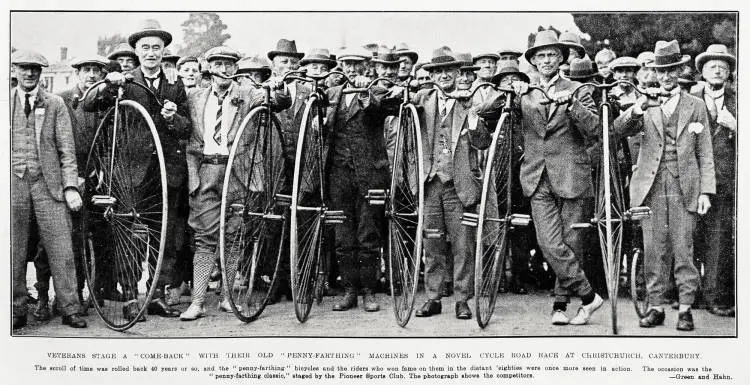 Veterans stage a come-back with their old 'penny-farthing' machines in a novel cycle road at Christchurch, Canterbury
