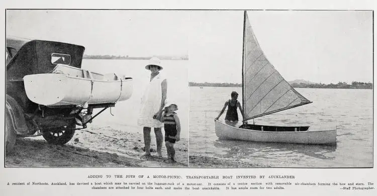 Adding to the joys of a motor-picnic: transportable boat invented by Aucklander