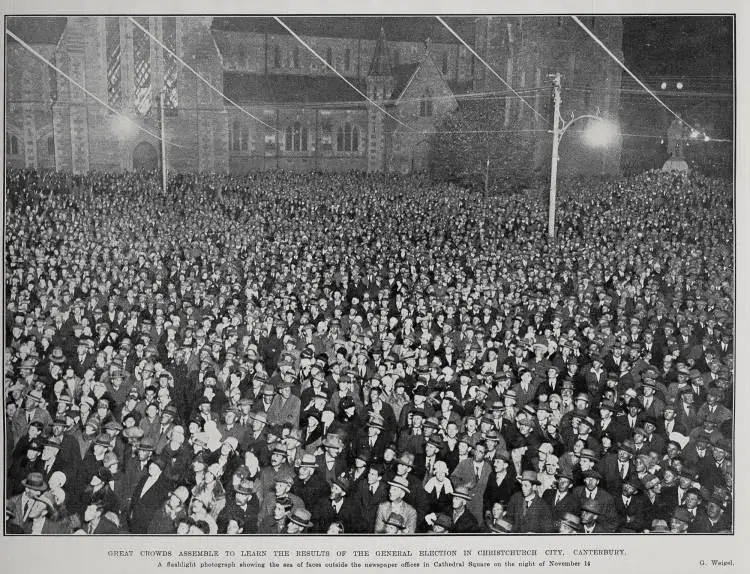 Great Crowds Assemble To Learn The Results of the General Election In Christchurch City, Canterbury