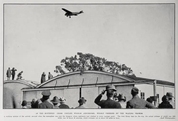 As The Southern Cross Circled Wigram Aerodrome, wildly cheered by the Waiting Crowds