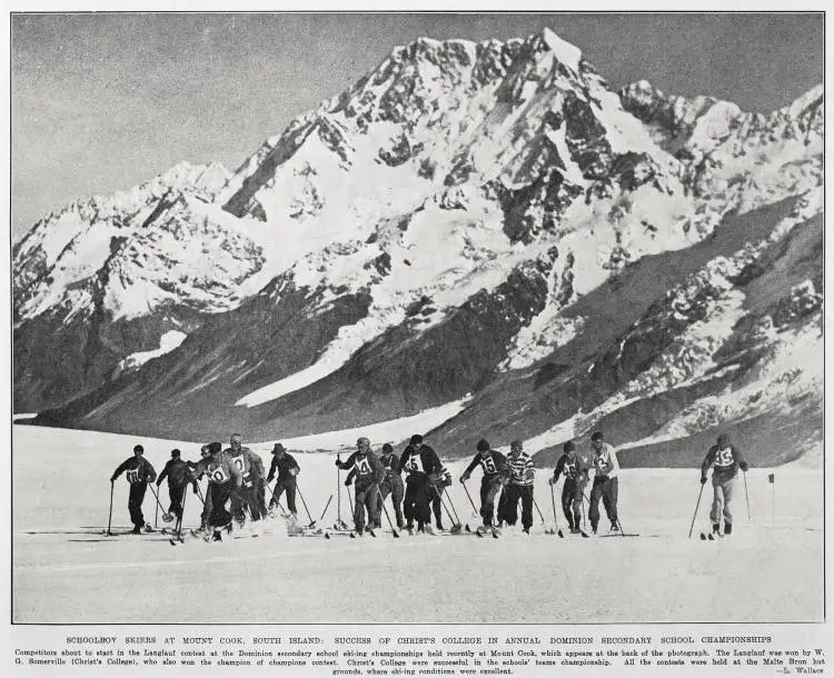 Schoolboy skiers at Mount Cook, South Island: success of Christ's College in annual Dominion secondary school championships