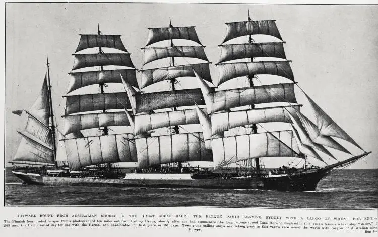 Outward bound from Australian shores in the great ocean race: the Barque Pamir leaving Sydney with a cargo of wheat for England