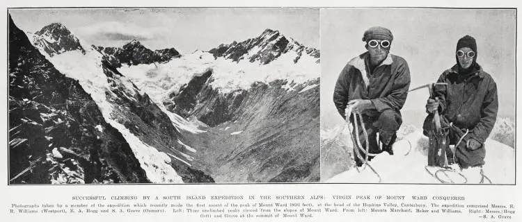 Successful climbing by a South Island expedition in the Southern Alps: Virgin Peak of Mount Ward conquered