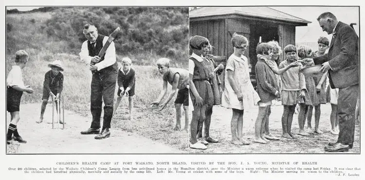 Children's Health Camp at Port Waikato, North Island, visited by the Hon. J.A. Young, Minister of Health