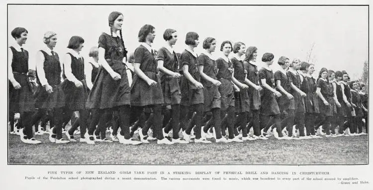 Fine types of New Zealand girls take part in a striking display of physical drill and dancing in Christchurch