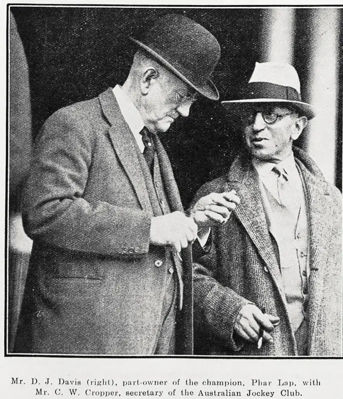 Mr. D. J. Davis (right), part-owner of the champion, Phar Lap, with Mr. C. W. Cropper, secretary of the Australian Jockey Club