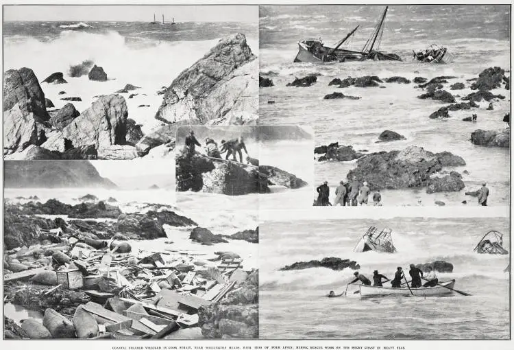 Coastal steamer wrecked in Cook Strait, near Wellington Heads, with the loss of four lives: heroic rescue work on the rocky coast in heavy seas