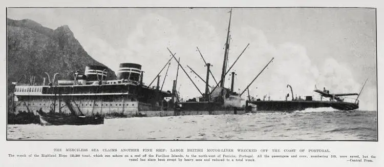 The merciless sea claims another fine ship: large British motor-liner wrecked off the coast of Portugal