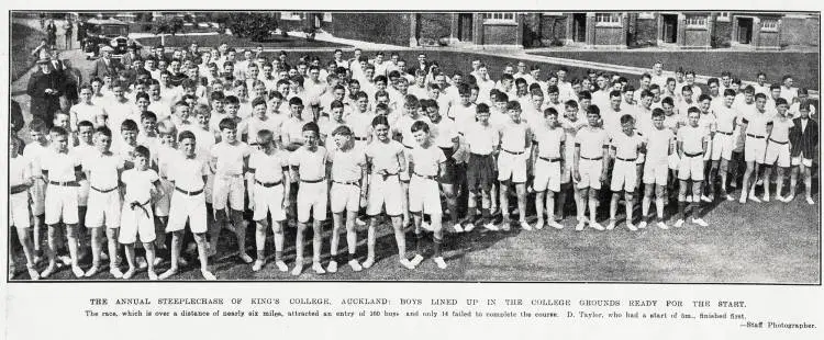 The annual steeplechase of King's College, Auckland: boys lined up in the College grounds ready for the start