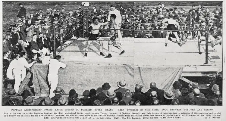 Popular light-weight boxing match staged at Dunedin, South Island: keen interest in the third bout between Donovan and Sarron