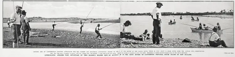 Interesting phases of the fishing at the mouth of the Rakaia River, which is only about 36 miles south from the capital city, Christchurch