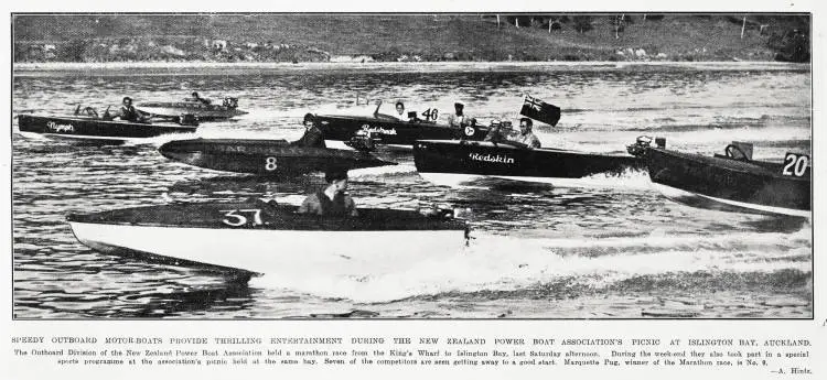 Speedy outboard motor-boats provide thrilling entertainment during the New Zealand Power Boat Association's picnic at Islington Bay, Auckland