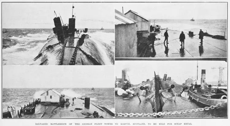 Salvaged battleships of the German fleet towed to Rosyth, Scotland, to be sold for scrap metal