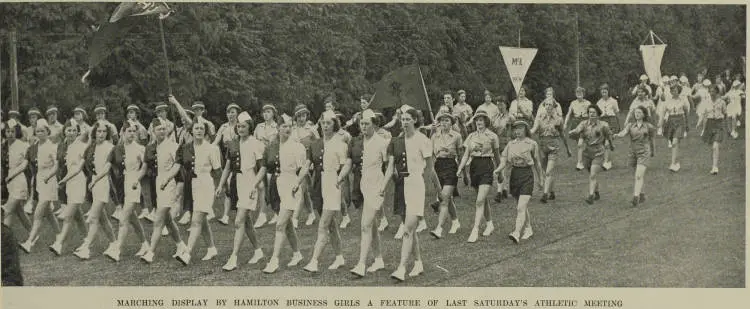Marching display by Hamilton business girls a feature of last Saturday's athletic meeting