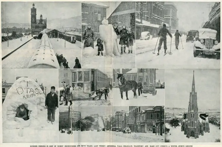 Dunedin freezes in grip of worst snowstorms for fifty years: last week's abnormal falls dislocate transport and make city streets a winter sports ground