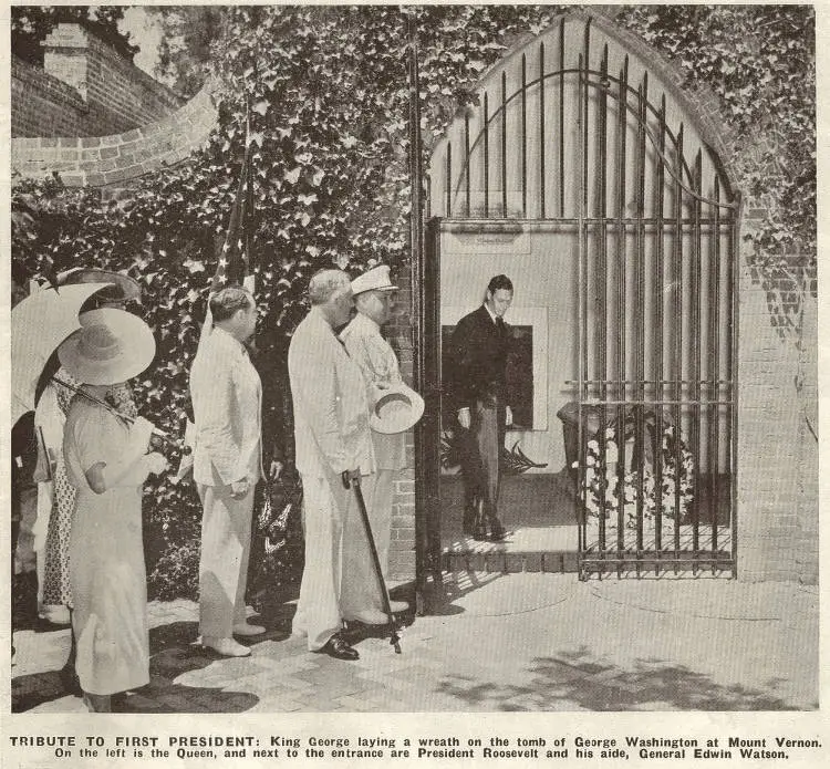 Tribute to first president: King George laying a wreath on the tomb of George Washington at Mount Vernon