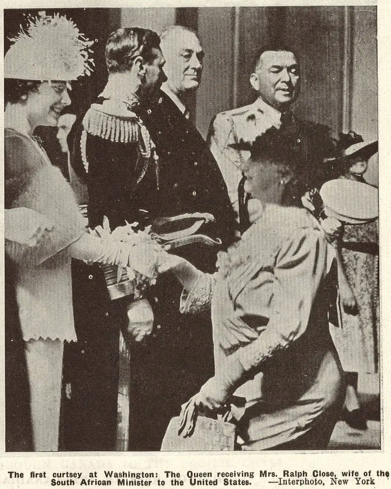 The first curtsey at Washington: the Queen receiving Mrs. Ralph Close, wife of the South African Minister to the United States