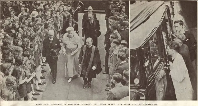 Queen Mary involved in motor-car accident in London three days after visiting Camberwell