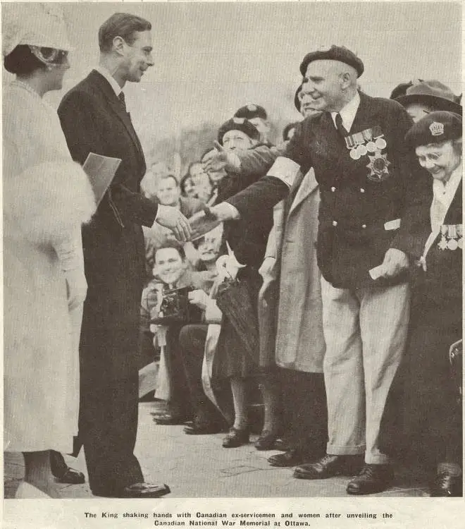 The King shaking hands with Canadian ex-servicemen and women after unveiling the Canadian National War Memorial at Ottawa