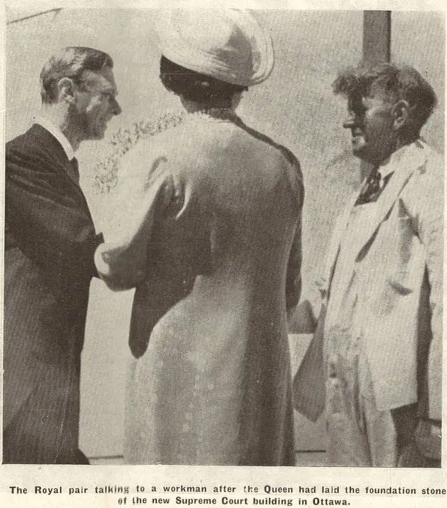 The royal pair talking to a workman after the Queen had laid the foundation stone of the new Supreme Court building in Ottawa