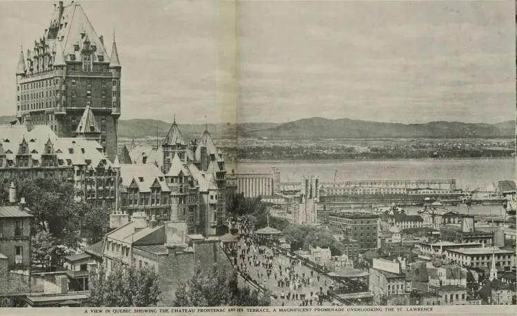 A view in Quebec showing the Chateau Frontenac and Dufferin Terrace, a magnificent promenade overlooking the St. Lawrence