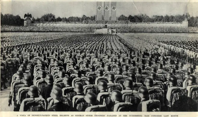 A vista of densely-packed steel helmets as German storm troopers paraded at the Nuremberg nazi congress last month