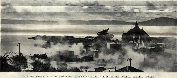 An early morning view of Ohinemutu, well-known Māori village in the Rotorua thermal regions