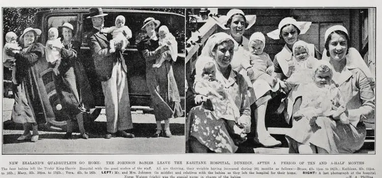 New Zealand's quadruplets go home: the Johnson babies leave the Karitane hospital, Dunedin, after a period of ten and a-half months