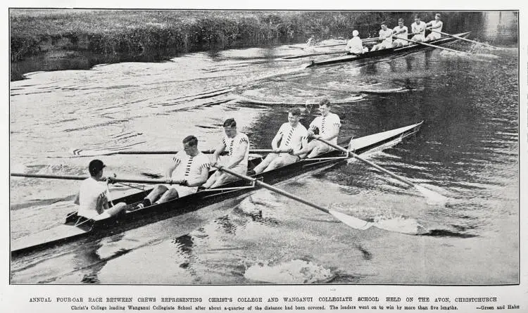 Annual four-oar race between crews representing Christ's College and Wanganui Collegiate School held on the Avon, Christchurch