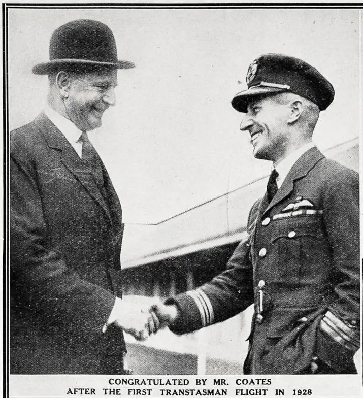 Sir Charles Kingsford Smith congratulated by Mr. Coates after the first trans-Tasman flight in 1928