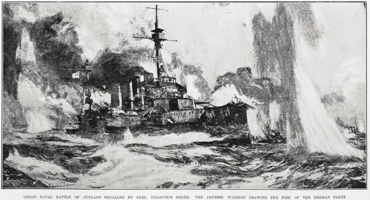 Great naval battle of Jutland recalled by Earl Jellicoe's death: the cruiser Warrior drawing the fire of the German fleet