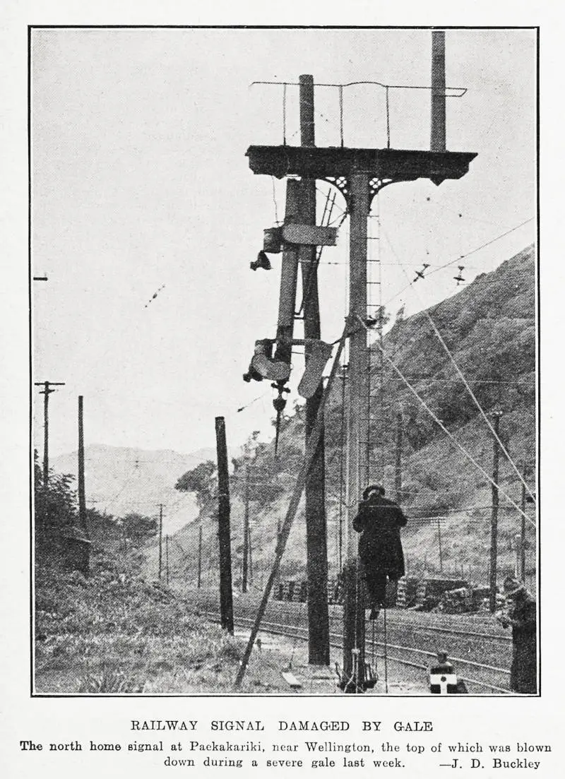 Railway signal damaged by gale