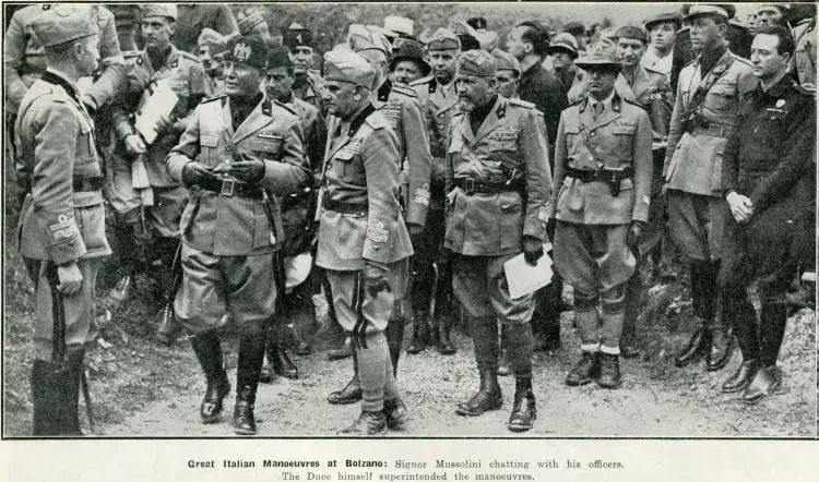 Great Italian manoeuvres at Bolzano: Signor Mussolini chatting with his officers. The Duce himself superintended the manoeuvres