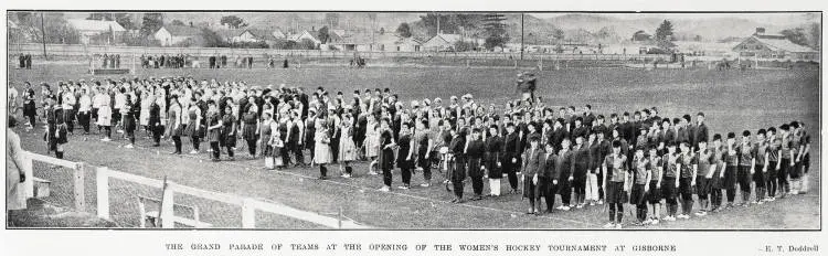 The grand parade of teams at the opening of the women's hockey tournament at Gisborne