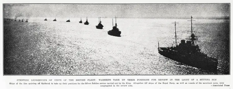Eventide rendezvous of units of the British fleet: warships take up their positions for review in the light of a setting sun