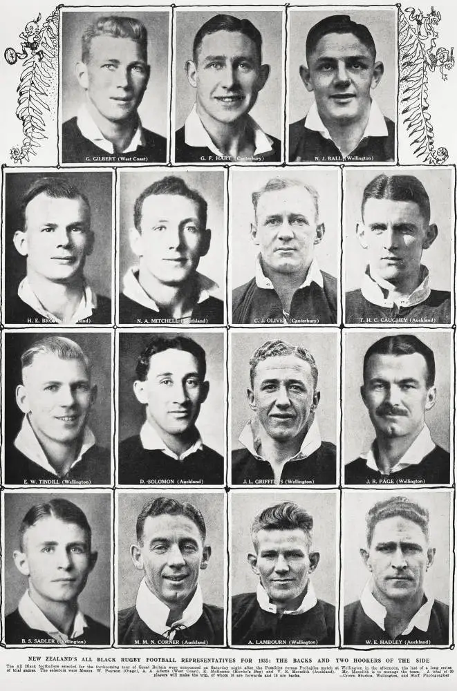 New Zealand's All Black rugby football representatives for 1935: the backs and two hookers of the side
