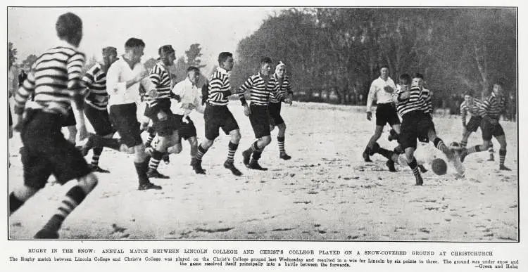 Rugby in the snow: annual match between Lincoln College and Christ's College played on a snow-covered ground at Christchurch