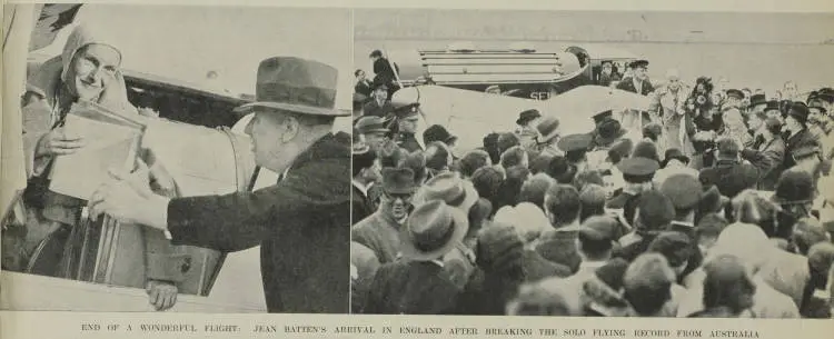 End of a wonderful flight: Jean Batten's arrival in England after breaking the solo flying record from Australia