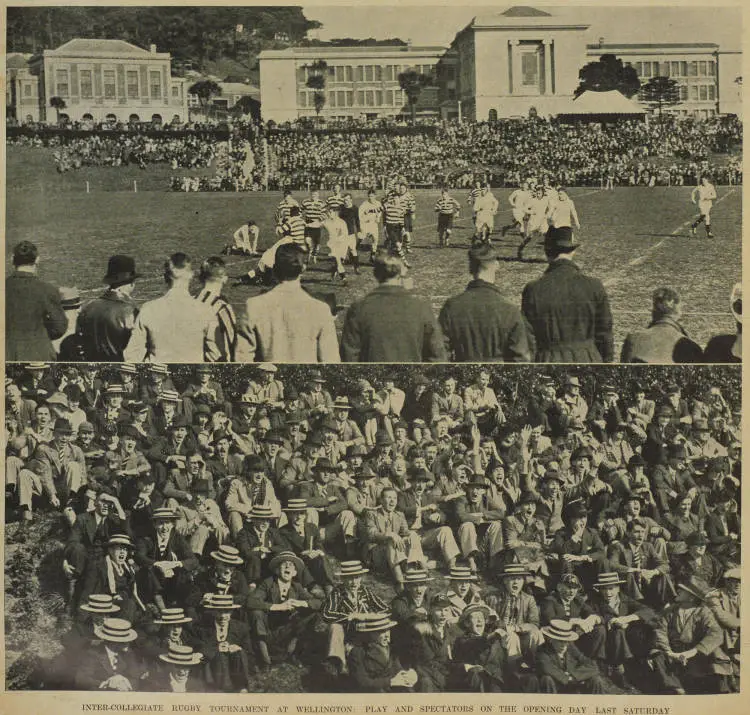 Inter-collegiate rugby tournament at Wellington: play and spectators on the opening day last Saturday