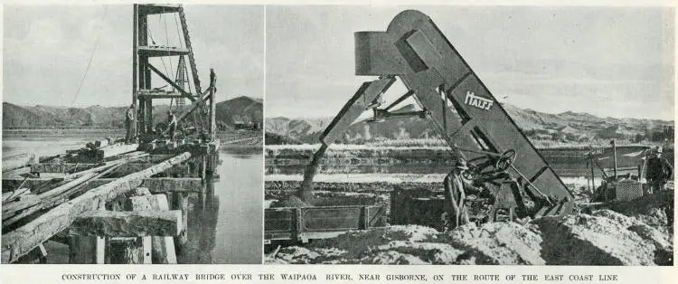 Construction of a railway bridge over the Waipaoa River, near Gisborne, on the route of the East Coast line