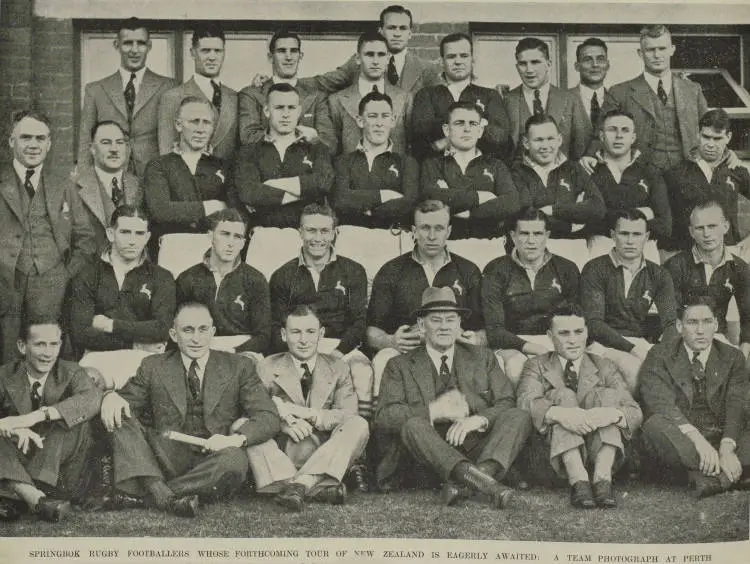 Springbok rugby footballers whose forthcoming tour of New Zealand is eagerly awaited: a team photograph at Perth