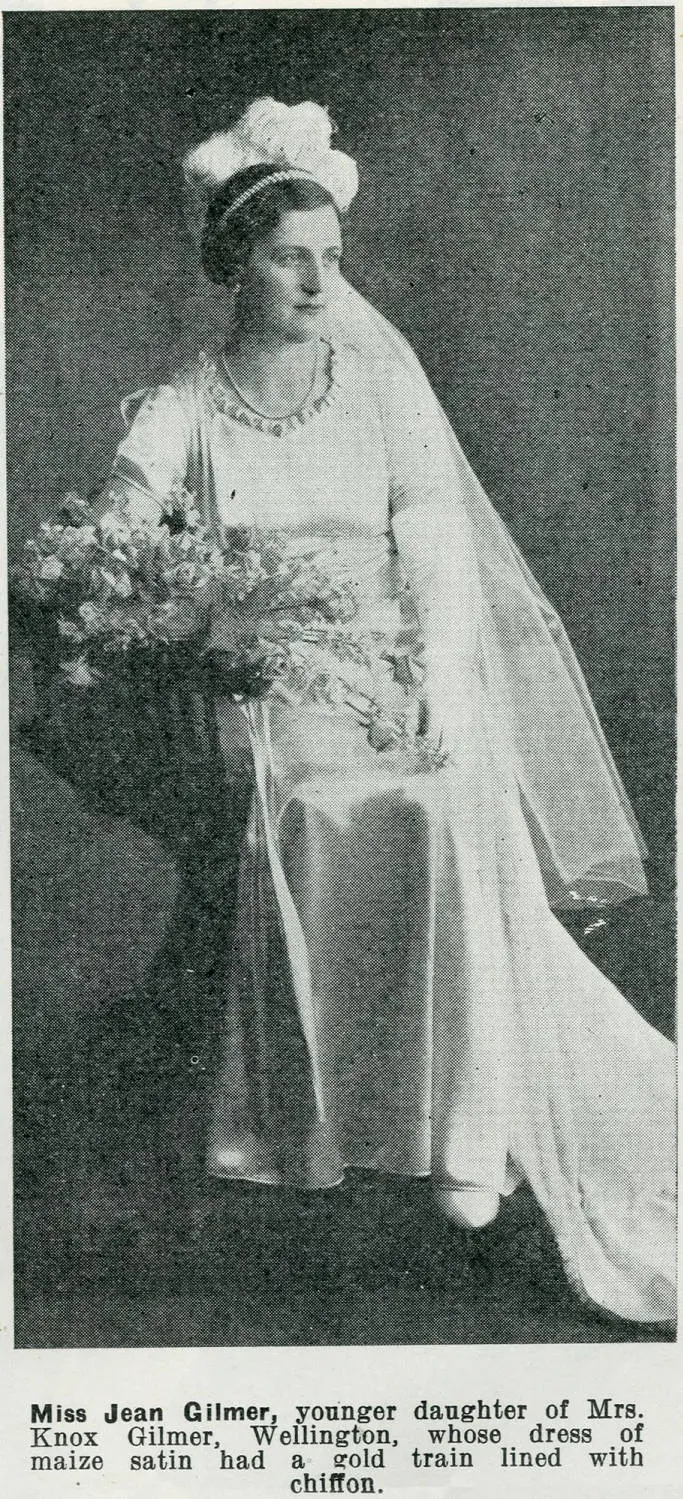 Miss Jean Gilmer, younger daughter of Mrs. Knox Gilmer, Wellington, whose dress of maize satin had a gold train lined with chiffon