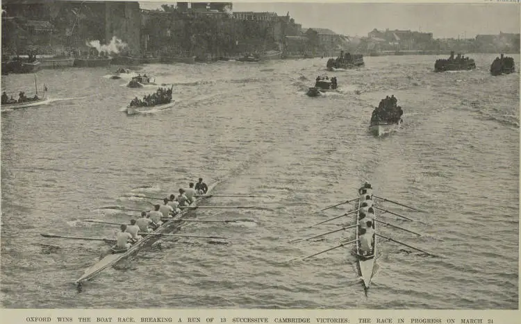Oxford wins the boat race, breaking a run of 13 successive Cambridge victories: the race in progress on March 24