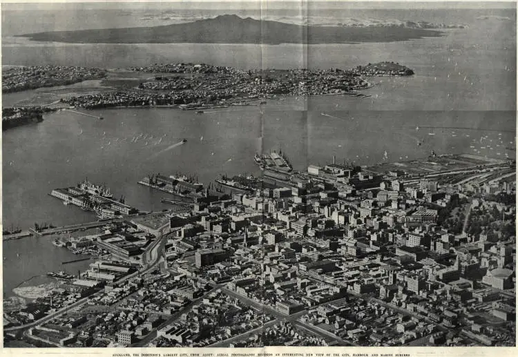 Auckland, the Dominion's largest city, from aloft: aerial photography records an interesting new view of the city, harbour and marine suburbs