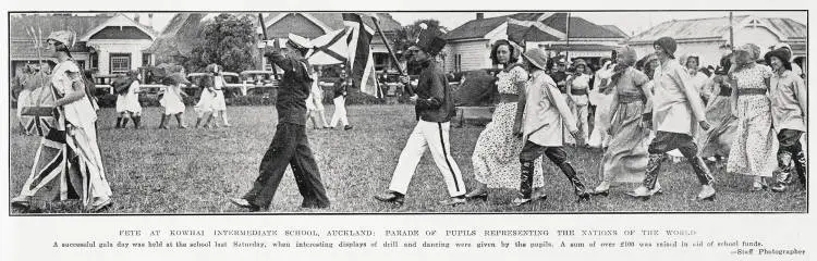 Fete at Kowhai Intermediate School, Auckland: parade of pupils representing the nations of the world