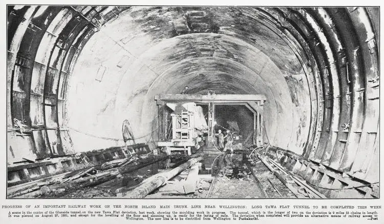 Progress of an important railway work on the North Island main trunk line near Wellington: long Tawa Flat tunnel to be completed this week