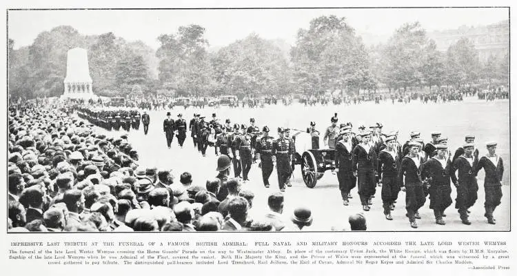 Impressive last tribute at the funeral of a famous British admiral: full naval and military honours accorded the late Lord Wester Wemyss