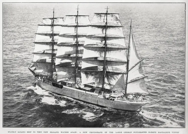 Stately sailing ship to visit New Zealand waters again: a new photograph of the large German four-masted barque Magdalene Vinne